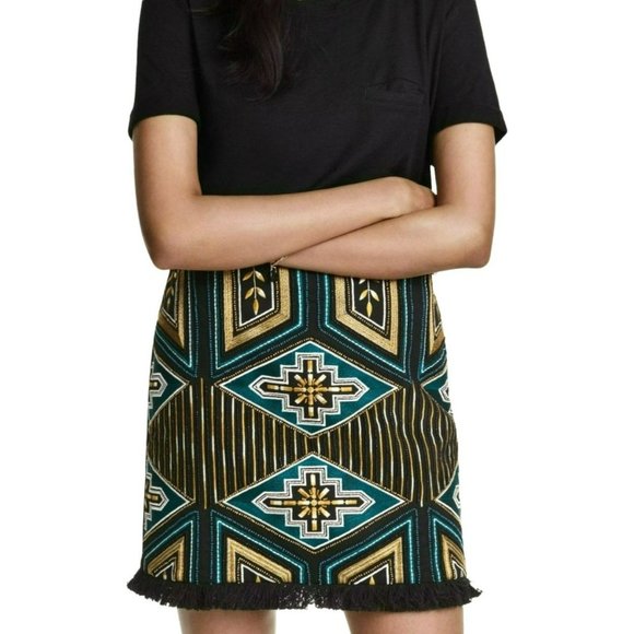 H&M Skirt Southwestern Cotton Twill 6 Fun Colorful Beaded Fringe Hem Aztec Boho - Picture 13 of 13